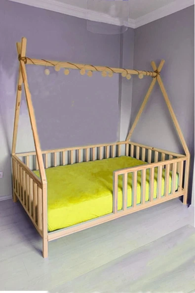 Özgök Tarım Çatılı Unisex Montessori Bebek Ve Çocuk Karyolası Doğal Ahşap Yatak 70x130 ürün görseli 1