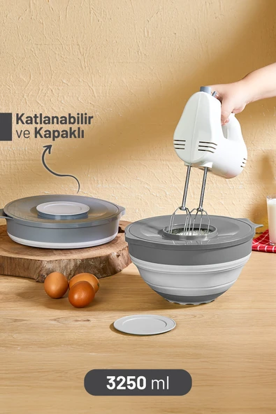 İronika Katlanır Akordiyon Sıçramayı Önleyici Kapaklı Mikser Karıştırma Kabı 3250 ml ürün görseli 1