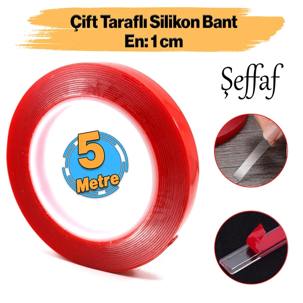 Çift Taraflı Silikon Bant Montaj Bandı Şeffaf 10 mm x 5 Metre Güçlü Çok Amaçlı Yapıştırıcı 1 Adet ürün görseli 1