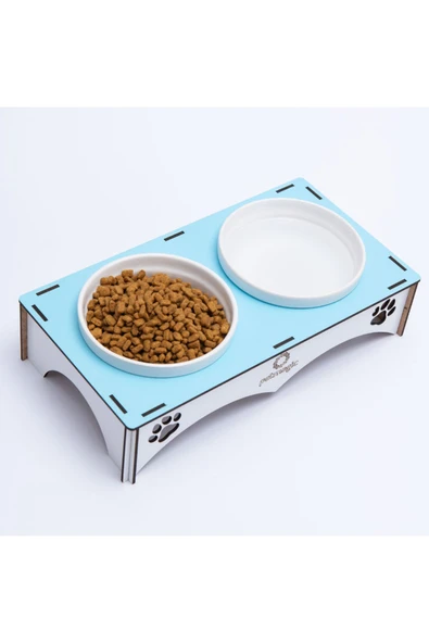 Petmagic Ahşap, Beyaz Seramik Kaseli Kedi, Mini Irk Köpek Mama Kabı, Açık Mavi ürün görseli 1