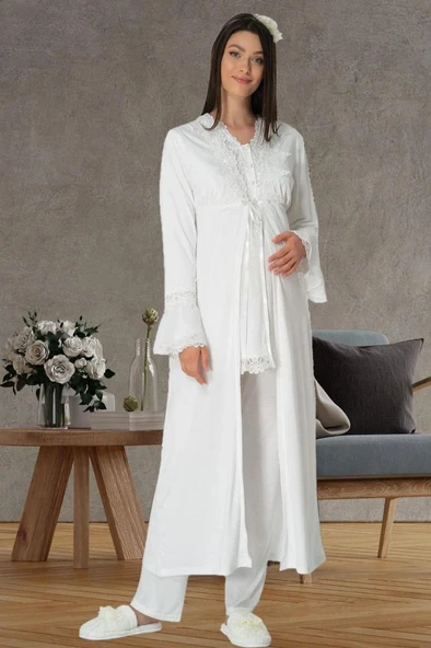 Mecit 1517 Bayan Hamile Lohusa Ekru Sabahlıklı Pijama Takımı ürün görseli 1