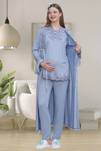 Mecit 1517 Bayan Hamile Lohusa Mavi Sabahlıklı Pijama Takımı ürün görseli 1