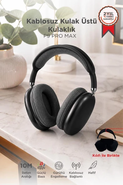 Bluetooth Kulaklık Kulak Üstü Sd Kart Girişli Kablosuz Aux Kablolu Kulaklık P9 Pro Max Siyah ürün görseli 1