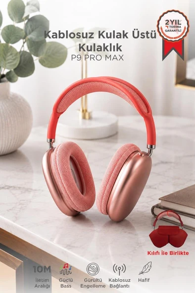 Bluetooth Kulaklık Kulak Üstü Sd Kart Girişli Kablosuz Aux Kablolu Kulaklık P9 Pro Max Pembe ürün görseli 1