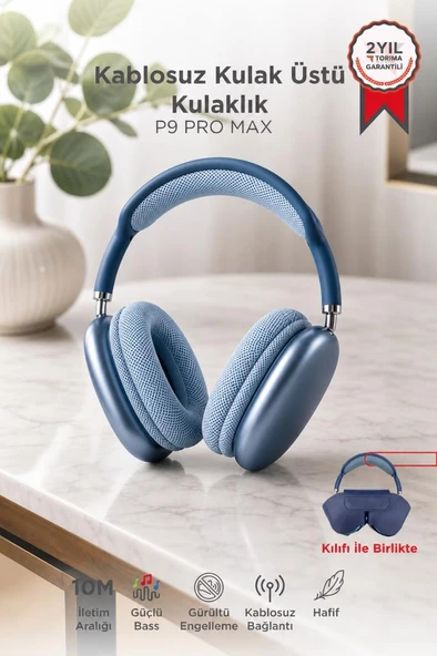 Bluetooth Kulaklık Kulak Üstü Sd Kart Girişli Kablosuz Aux Kablolu Kulaklık P9 Pro Max Mavi ürün görseli 1