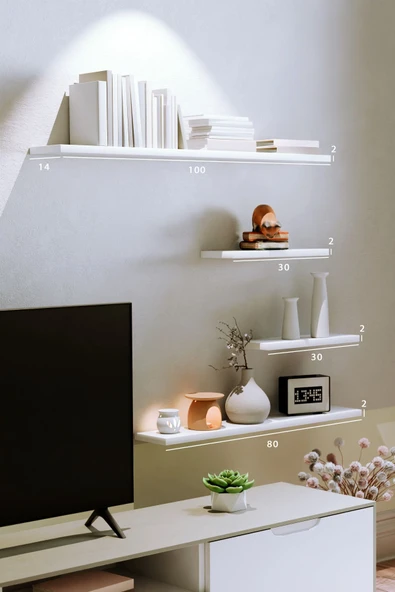 yankı-byeg 4lü 100 cm 80 cm 30 cm Mat Beyaz Mdf Uçan Gizli Bağlantı Dekoratif Duvar Rafı Kitaplık Tv Ünitesi ürün görseli 1