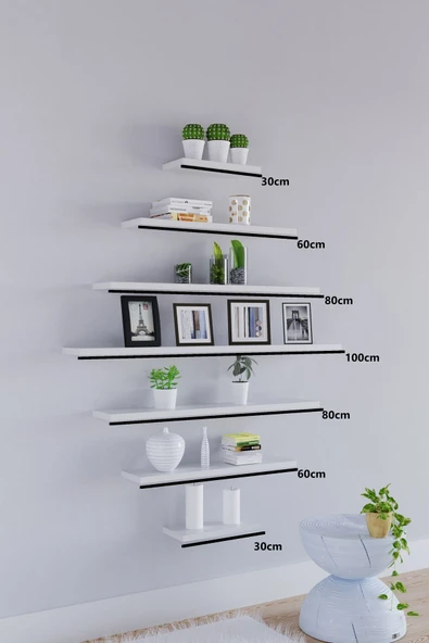 yankı-byeg 7li Mat Beyaz Mdf Uçan Duvar Rafı Gizli Bağlantı Kitaplık Dekoratif Duvar Rafı ürün görseli 1