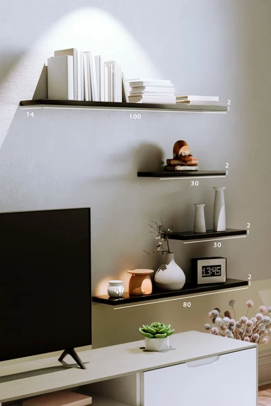 yankı-byeg 4lü 100 cm 80 cm 30 cm Mat Siyah Mdf Uçan Gizli Bağlantı Dekoratif Duvar Rafı Kitaplık Tv Ünitesi ürün görseli 1