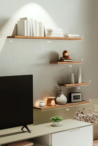 yankı-byeg 4lü 100 cm 80 cm 30 cm Safir Meşe Mdf Uçan Gizli Bağlantı Dekoratif Duvar Rafı Kitaplık Tv Ünitesi ürün görseli 1