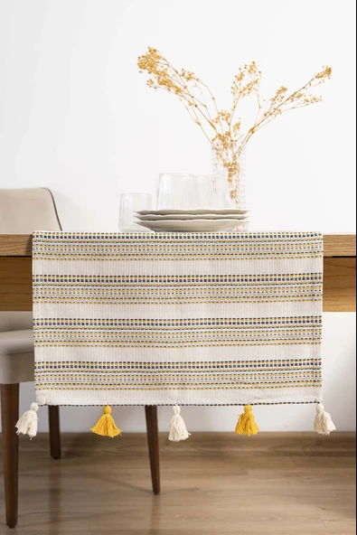 Rivaİstanbul Ruffle Püsküllü Pamuklu Ham Keten Runner 50x130 cm ürün görseli 1