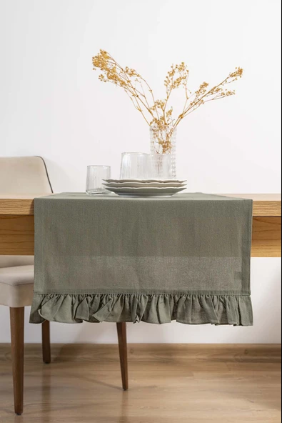 Rivaİstanbul Ruffle Haki Fırfırlı %100 Pamuklu Ham Keten Runner 50x130 cm ürün görseli 1