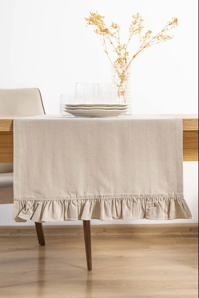 Rivaİstanbul Ruffle Bej Fırfırlı %100 Pamuklu Ham Keten Runner 50x130 cm ürün görseli 1