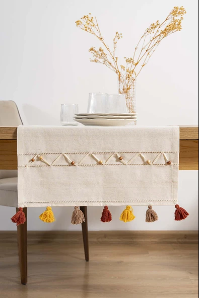 Rivaİstanbul Ruffle Boncuk & Püsküllü %100 Pamuklu Ham Keten Runner 50x130 cm ürün görseli 1