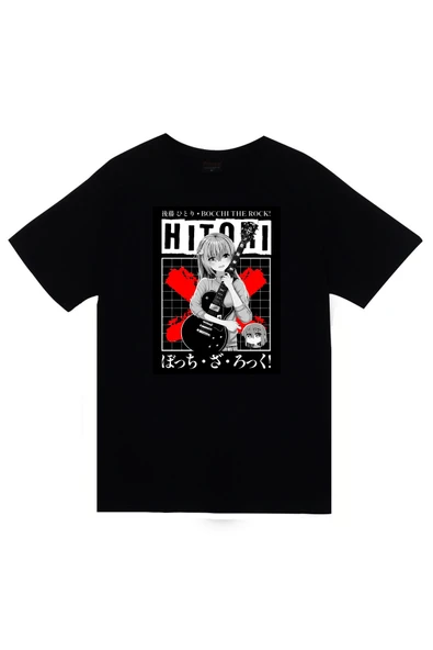 fame-stoned Bocchi the Rock Hitori Anime Baskılı Unisex %100 Pamuk Siyah T-shirt ürün görseli 1