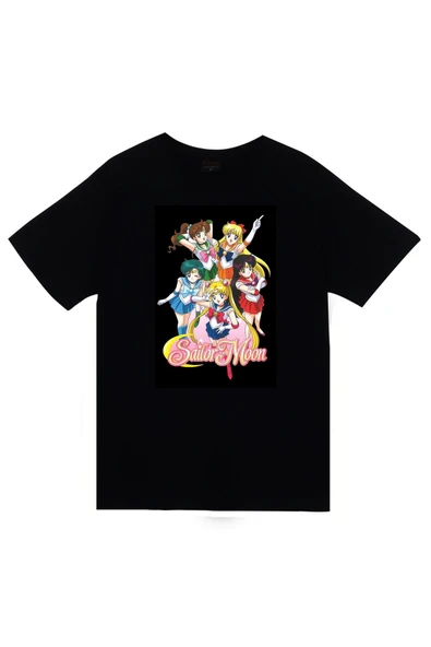 fame-stoned Sailor Moon Anime Baskılı Unisex %100 Pamuk Siyah T-shirt ürün görseli 1