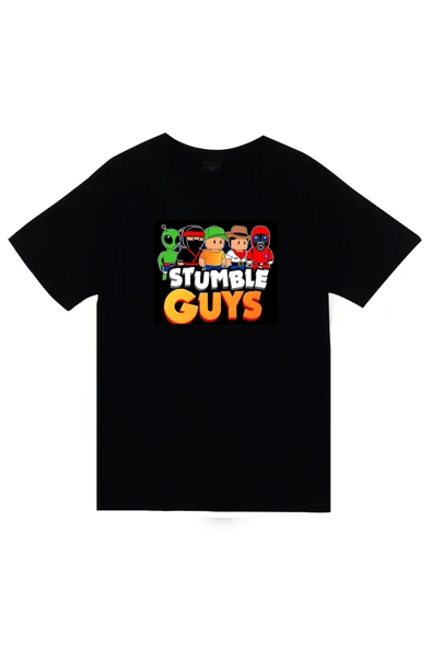fame-stoned Stumble Guys – Oyun Baskılı Unisex %100 Pamuk Siyah T-shirt ürün görseli 1
