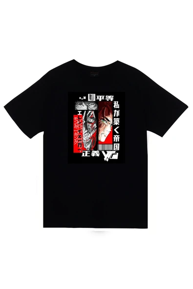 fame-stoned Attack On Titan Anime Baskılı Unisex %100 Pamuk Siyah T-shirt ürün görseli 1
