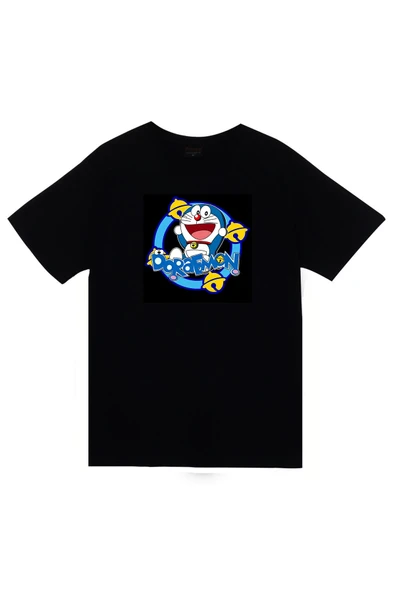 fame-stoned Doreamon Anime Baskılı Unisex %100 Pamuk Siyah T-shirt ürün görseli 1