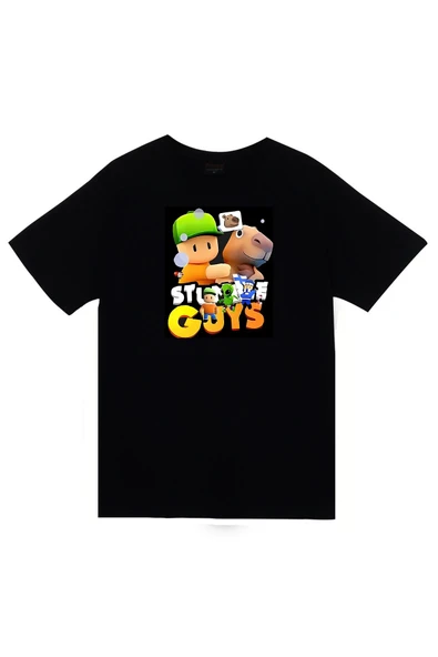fame-stoned Stumble Guys – Oyun Baskılı Unisex %100 Pamuk Siyah T-shirt ürün görseli 1