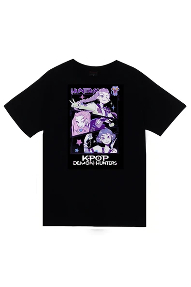 fame-stoned K-Pop Demon Hunters Baskılı Unisex %100 Pamuk Siyah T-shirt ürün görseli 1