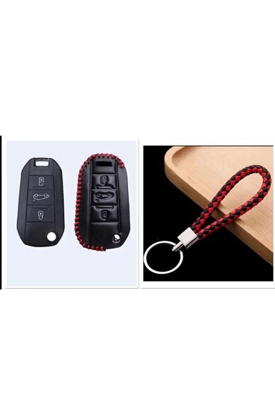 Peugeot 208 308 301 3008 5008 Lüks Deri Anahtar Koruma Kılıfı Ve Örgü Anahtarlık ürün görseli 1