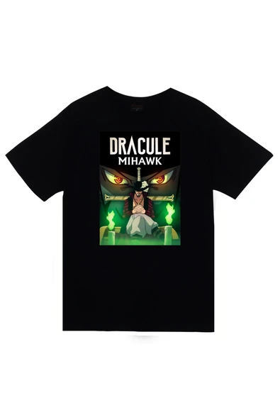 fame-stoned One Piece – Dracule Mihawk Anime Karakter Baskılı Unisex %100 Pamuk Siyah T-shirt ürün görseli 1