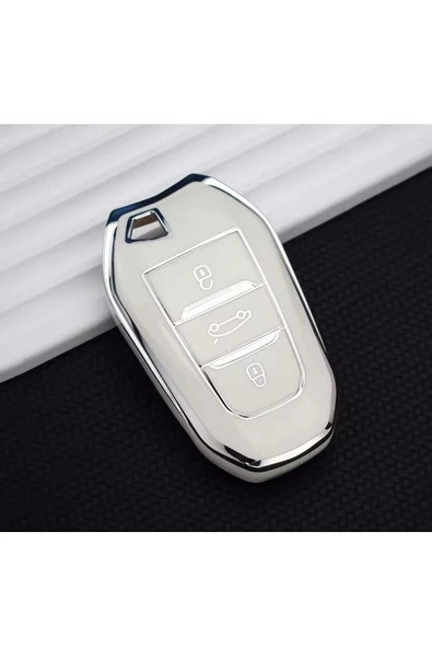 Peugeot 208 308 508 2008 3008 5008 Rifter Anahtar Koruma Kılıfı Anahtarsız Çaliştırma Beyaz/Krom ürün görseli 1