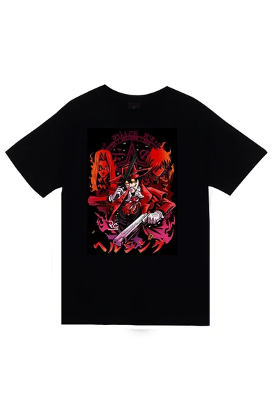 fame-stoned Helsing Anime Baskılı Unisex %100 Pamuk Siyah T-shirt ürün görseli 1