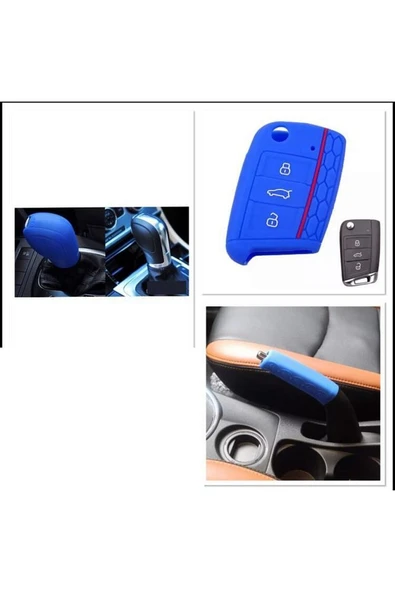 Leon Golf Passat Polo Ibiza 3lü Set Anahtar Dsg Ve El Fren Silikon Koruma Kılıfı Mavi Set ürün görseli 1