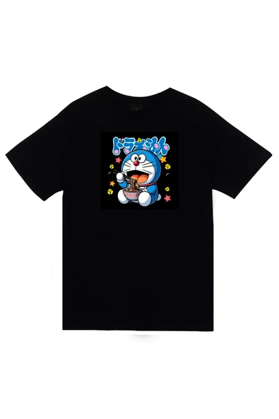 fame-stoned Doreamon Anime Baskılı Unisex %100 Pamuk Siyah T-shirt ürün görseli 1