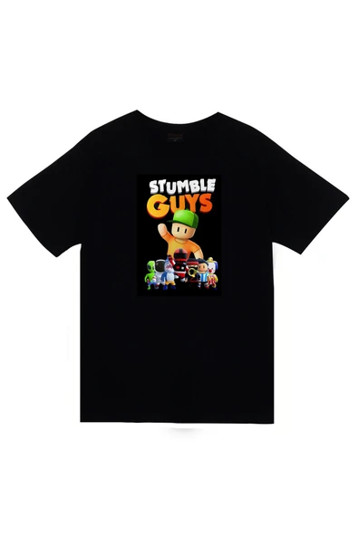 fame-stoned Stumble Guys – Oyun Baskılı Unisex %100 Pamuk Siyah T-shirt ürün görseli 1