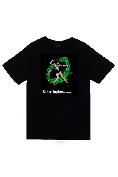fame-stoned Sailor Moon Anime Baskılı Unisex %100 Pamuk Siyah T-shirt ürün görseli 1