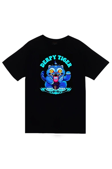 fame-stoned K-Pop Demon Hunters – Derpy Blue Tiger Baskılı Unisex %100 Pamuk Siyah T-shirt ürün görseli 1