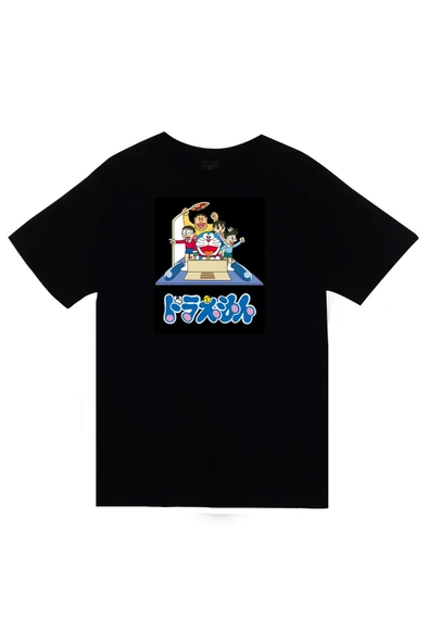 fame-stoned Doreamon Anime Baskılı Unisex %100 Pamuk Siyah T-shirt ürün görseli 1