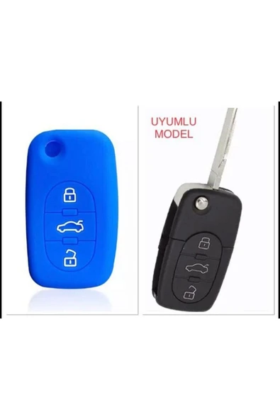 Audi A2 A3 A4 A6 A8 Uyumlu Silikon Anahtar Koruma Kılıfı 3 Tuşlu Mavi Renk ürün görseli 1