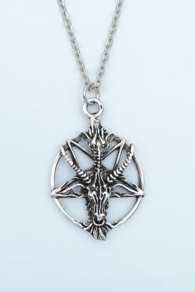 Pentagram Yıldızı Keçi Kafası Gümüş Kaplama Düz Zincir Kolye ürün görseli 1