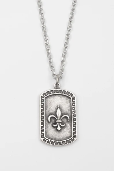 Fleur-de-lis Zambak Künye Kolye - Düz Ezme İthal Zincirli Unisex Gümüş Kaplama - 60 cm ürün görseli 1