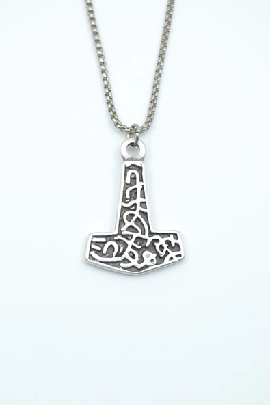 Thor Mjollnir Hammer Gümüş Kaplama Örme Zincir Kolye ürün görseli 1