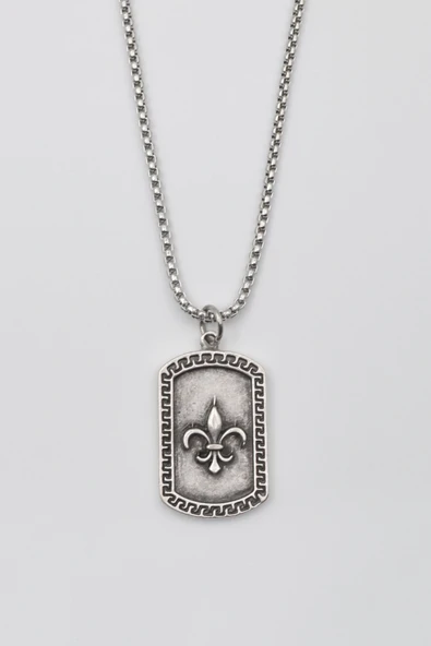 Fleur-de-lis Zambak Künye Kolye - Örme İthal Zincirli Unisex Gümüş Kaplama - 60 cm ürün görseli 1
