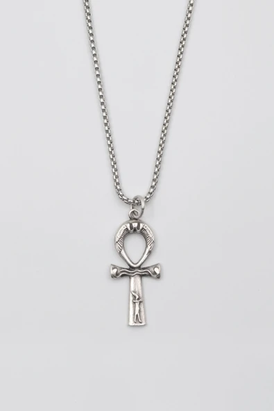 Ankh Yaşam Kolye - Örme İthal Zincirli Unisex Gümüş Kaplama Mısır Sembolü - 60 cm ürün görseli 1