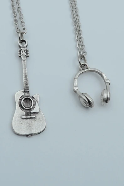 2'li Klasik Akustik Gitar Kulaklık Gümüş Kaplama Kolye Seti ürün görseli 1