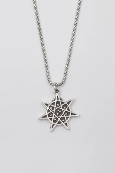 Astroloji 7 Nokta Yıldız Kolye - Örme İthal Zincirli Unisex Gümüş Kaplama Heptagram - 60 cm ürün görseli 1