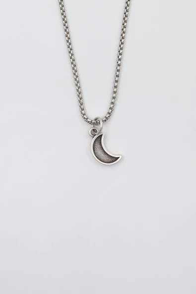 Minimalist Ay Örme Zincir Kolye - Antik Gümüş Kaplama - Kadın Erkek - 60 cm ürün görseli 1