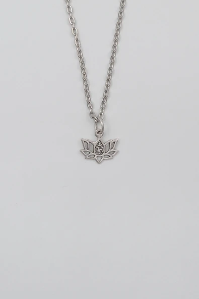 Minimal Om Sembollü Lotus Çiçeği Düz Ezme Zincir Kolye - Antik Gümüş Kaplama - Kadın Erkek - 60 cm ürün görseli 1