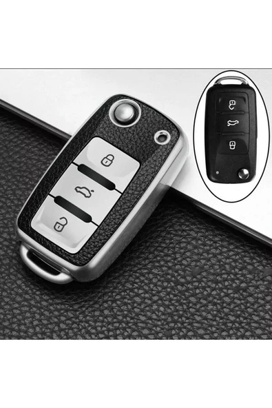 Leon Ibiza Polo Golf Passat Jetta Scirocco Tiguan Lüks Anahtar Koruma Kabı Kılıfı Gümüş Renk ürün görseli 1