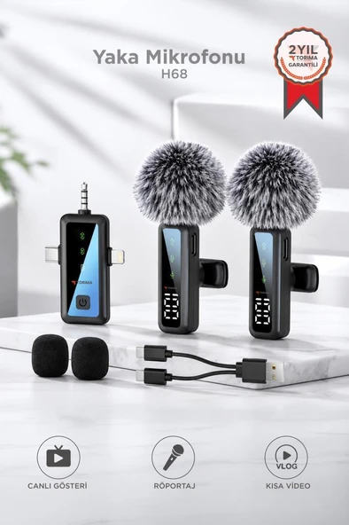 Yaka Mikrofonu Type-C Lightning Aux 2 Adet 3IN1 Kablosuz Mikrofon H68 Siyah ürün görseli 1