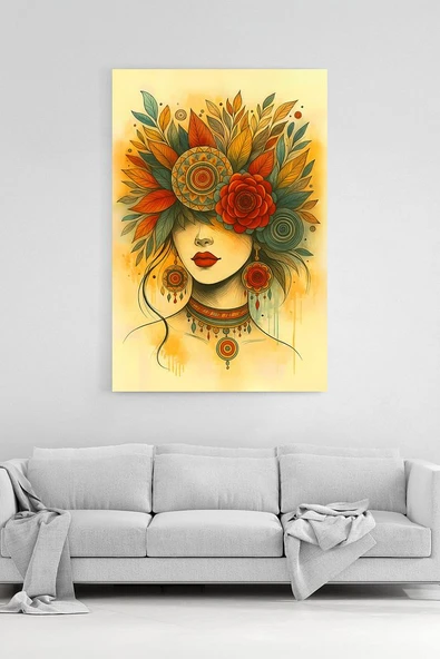 Çiçekli Kadın Portresi Kanvas Tablo Boho Şık Duvar Sanatı %100 Pamuk Dokulu Premium Baskı ürün görseli 1