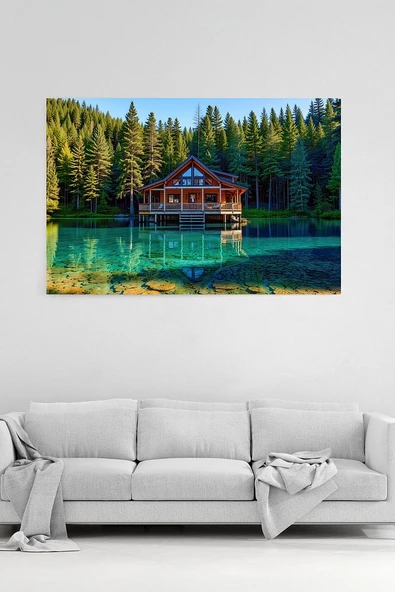 "Göl Evi Manzarası Tablosu Huzurlu ve Etkileyici Dekoratif Kanvas %100 Pamuklu Sanat Eseri ürün görseli 1