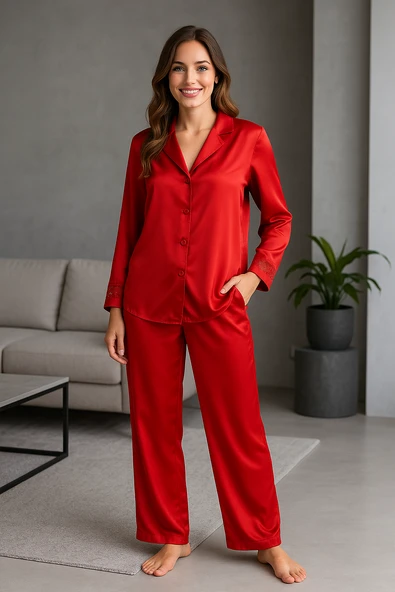 Lüks Kutulu Saten Pijama Takımı – Dantel Kollu, Uzun Kollu, Kore İpeği Dokulu, Çeyizlik Hediye Seçeneği ürün görseli 1