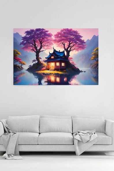 Sakura Ağaçları Altında Göl Evi Tablosu Mor ve Pembe Tonlarda Huzurlu Peyzaj %100 Pamuk Kanvas ürün görseli 1